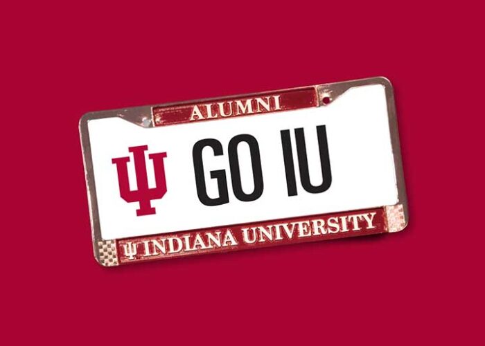 IU license plate on red background. Plate reads, "Go IU"