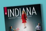 Cover of Indiana University Alumni magazine features a woman with rocket shoes blasting off a career launch pad.