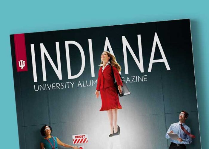 Cover of Indiana University Alumni magazine features a woman with rocket shoes blasting off a career launch pad.